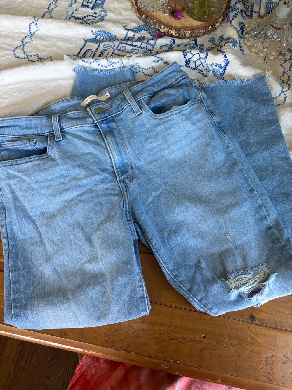 Levi's Light Blue Cropped Distressed Jeans
